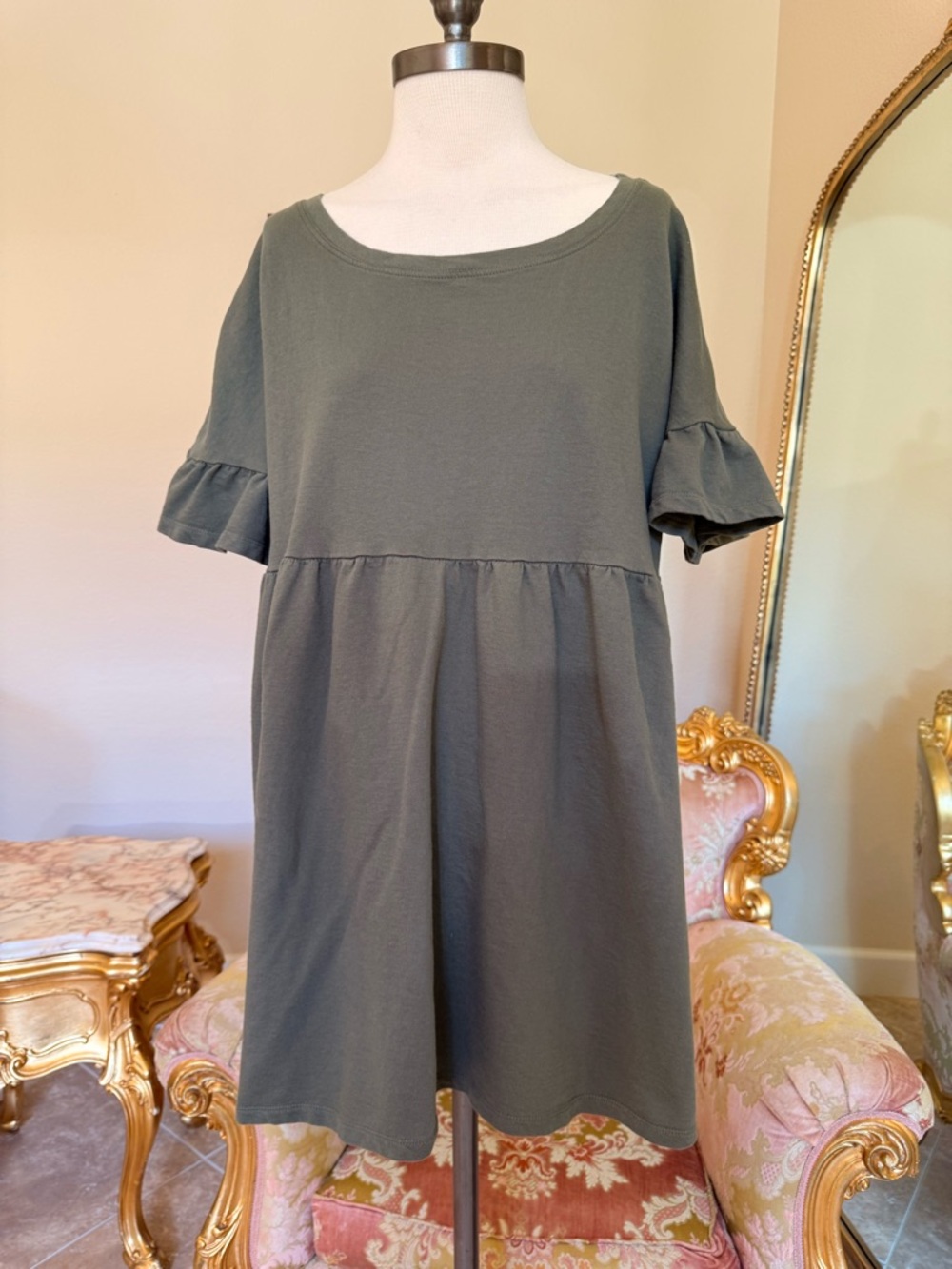 Casual Olive Green Ruffle Sleeve Mini Dress